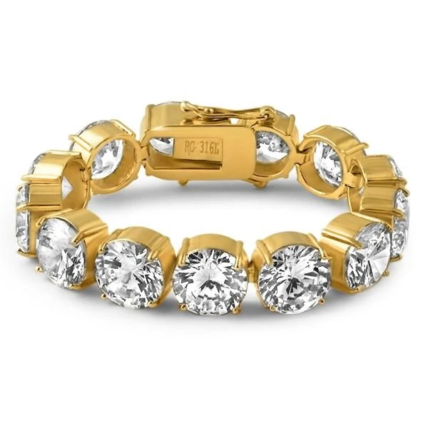 15MM 1 Row Tennis Bracelet Gold Steel Bling 1 15MM 1 Row Tennis Bracelet Gold Steel Bling