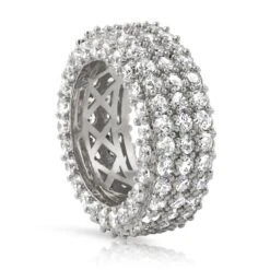 .925 Silver Triple Ice Decker 360 CZ Eternity Hip Hop Ring Band In Rhodium