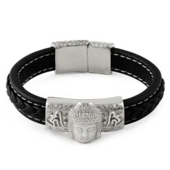 Buddha Black Leather Stainless Steel Bracelet