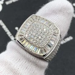 Cushion Baguette Iced Out VVS Moissanite Ring .925 Sterling Silver