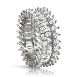Custom Baguettes CZ Chunky Ice Eternity Bling Bling Ring In Rhodium