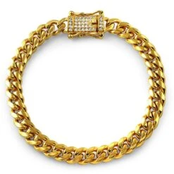 CZ Diamond Lock Gold Steel Cuban Bracelet 8MM