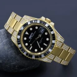 Divers CZ Black Dial Date Edge Link Iced Out Watch
