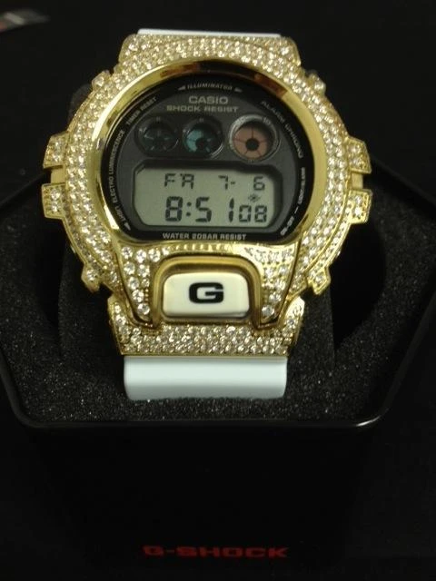 Iced Out Gold G Shock Watch White DW6900 1 Iced Out Gold G Shock Watch White DW6900