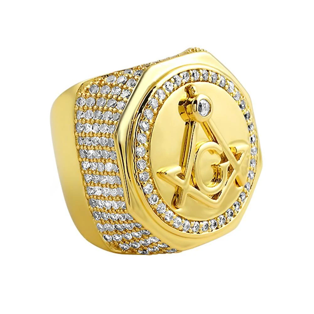 Large Masonic CZ Gold Plated Mens Ring 1 Large Masonic CZ Gold Plated Mens Ring
