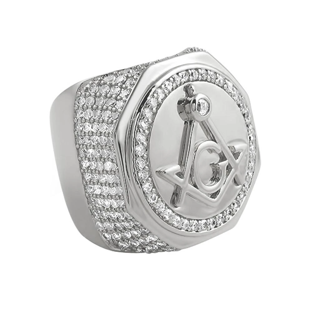 Large Masonic Rhodium CZ Mens Ring 1 Large Masonic Rhodium CZ Mens Ring