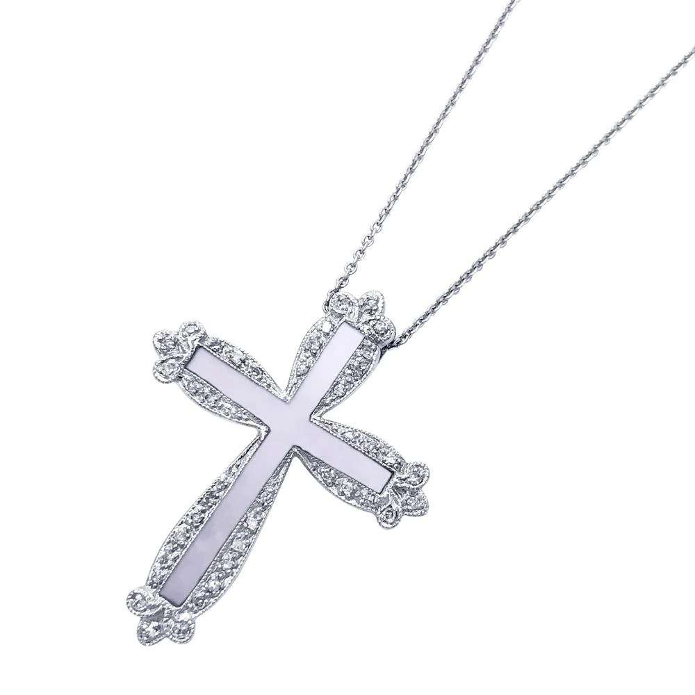Womens Mother Of Pearl Antique Cross And Chain 14K White Gold 1 Womens Mother Of Pearl Antique Cross And Chain 14K White Gold
